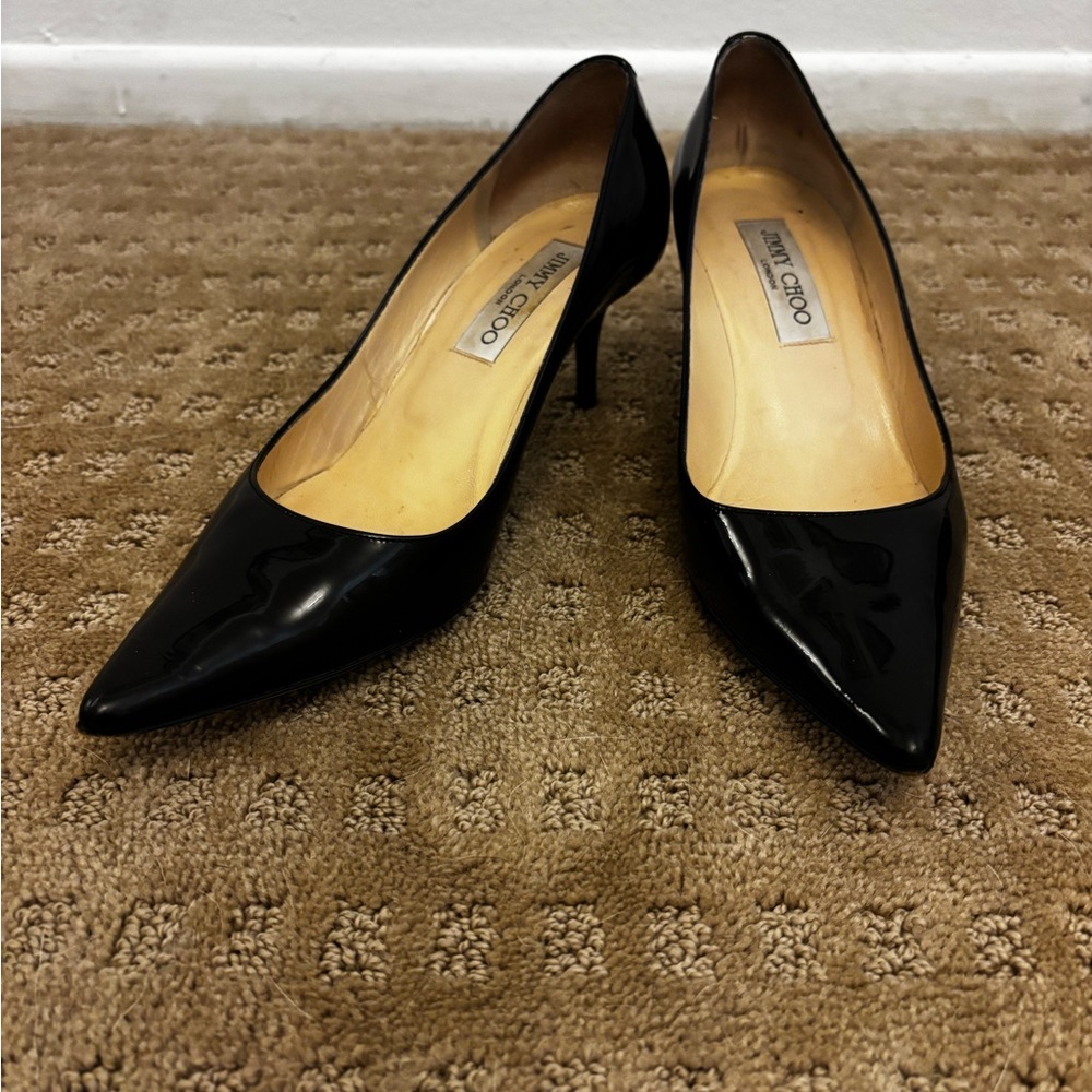 Jimmy Choo Black Patent Pointed-Toe Pumps - Classic Evening Heels